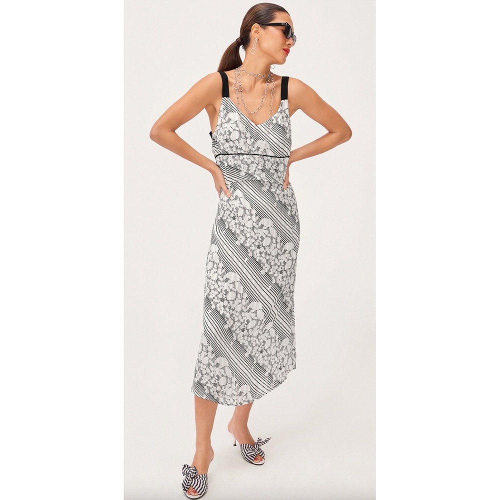 Cabi Midi Dress Womens XL White Black Floral Striped Layered Sleeveless 6617